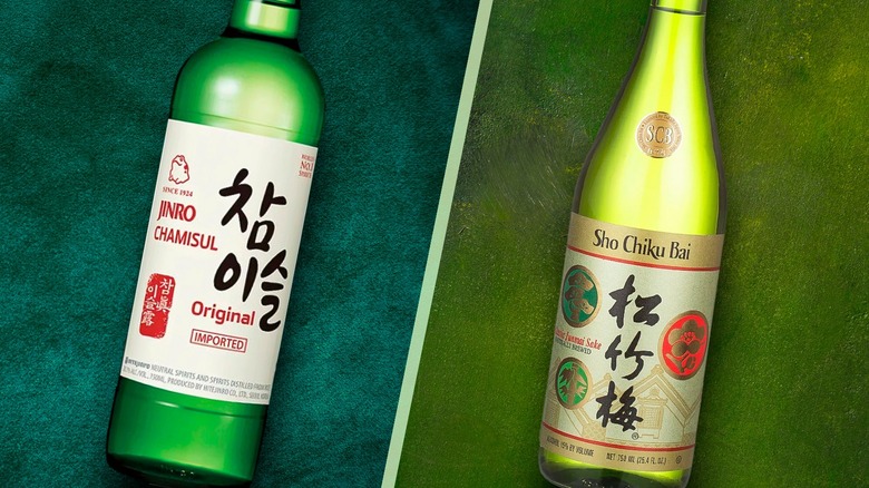 Composite image of a bottle of soju and a bottle of sake