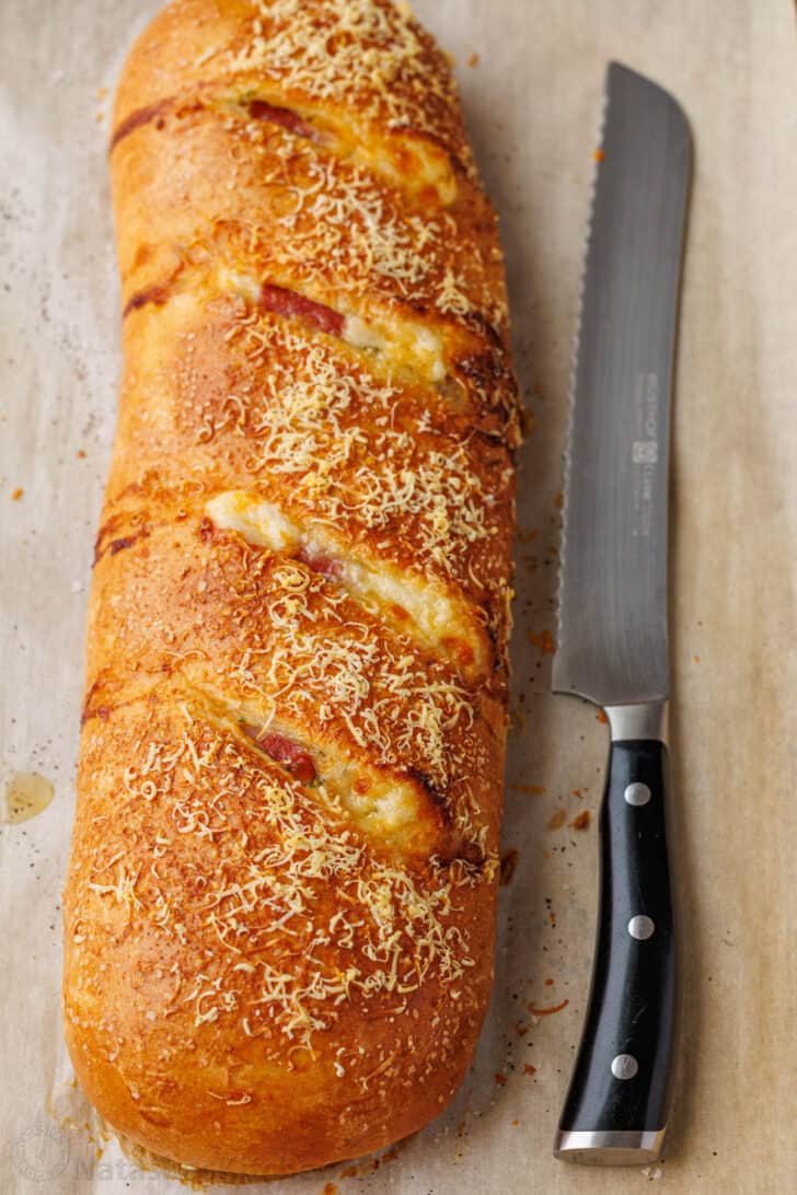 Whole baked Stromboli ready to be sliced