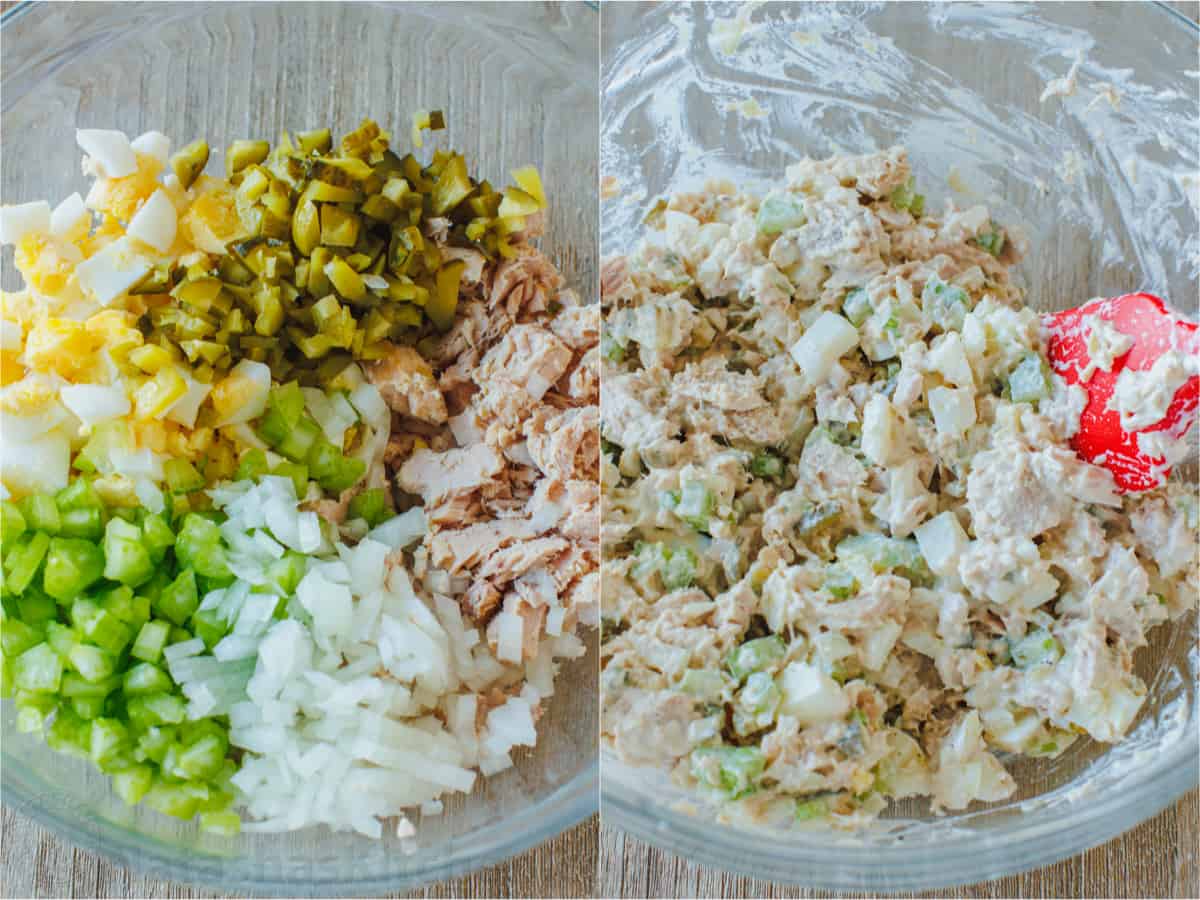 Side-by-side photos showing the process of mixing the ingredients together for tuna salad.