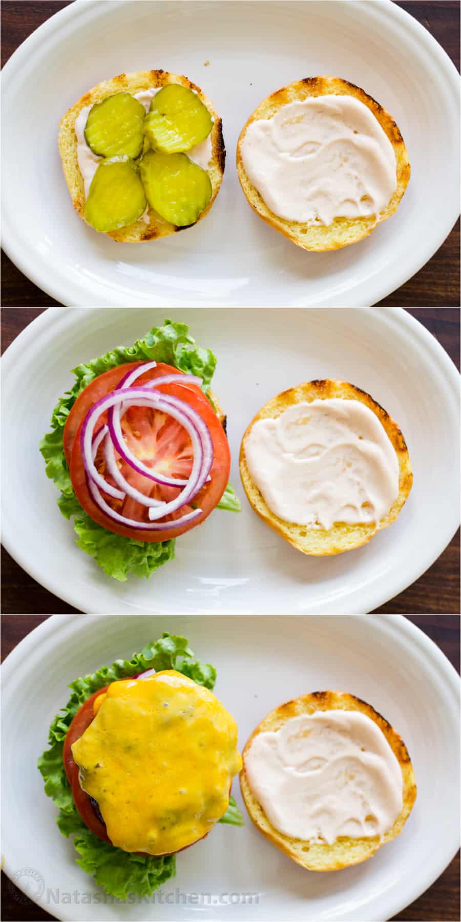 How to assemble burgers with buns, sauce, pickles, lettuce, tomato, cheese, onion