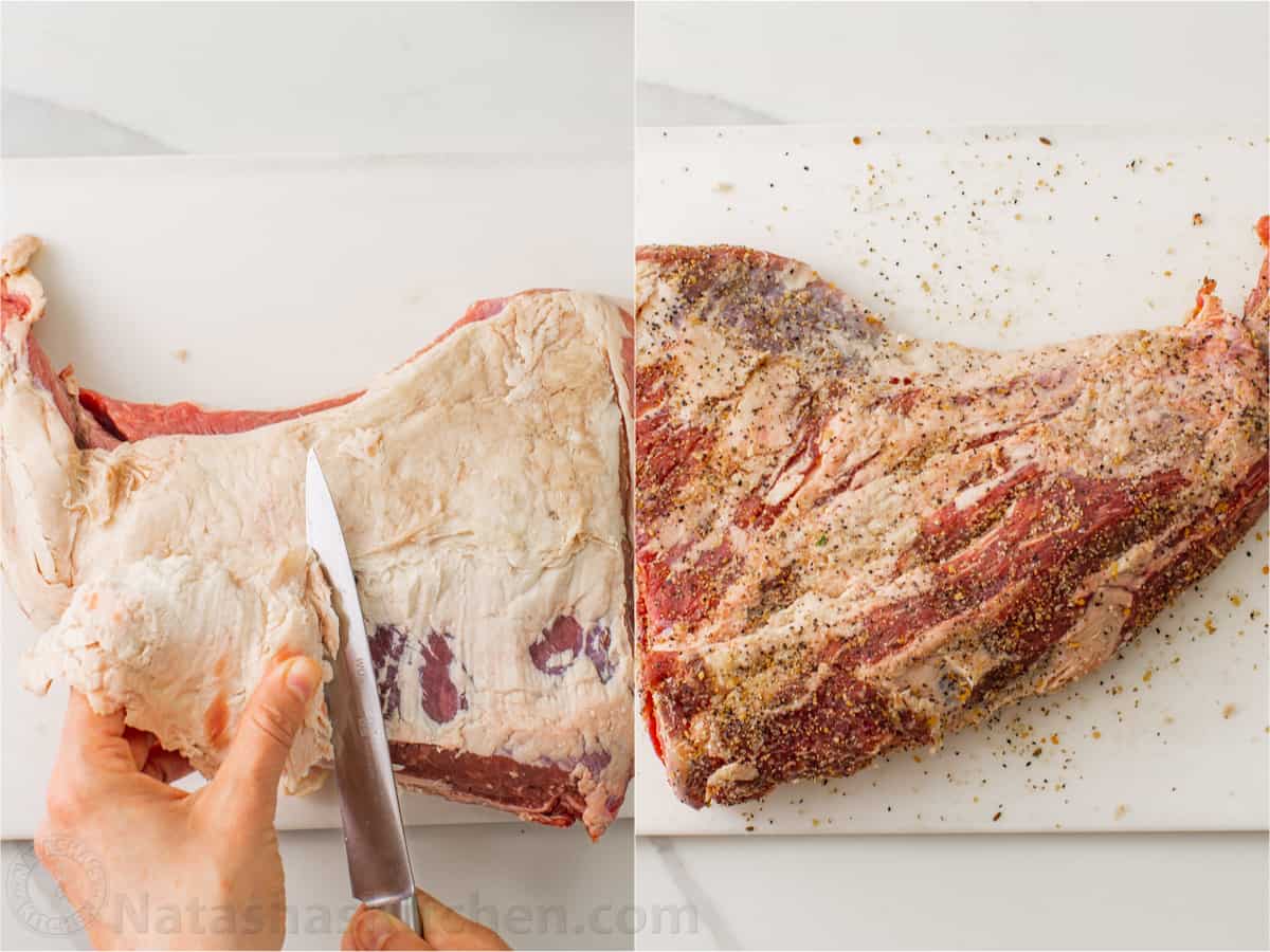 Side-by-side photos showing how to trim the fat from a tri-tip roast and season the beef.