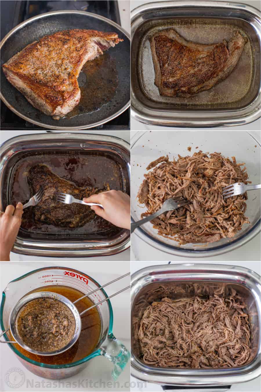 Photo collage showing the process for cooking shredded beef in the slow cooker.