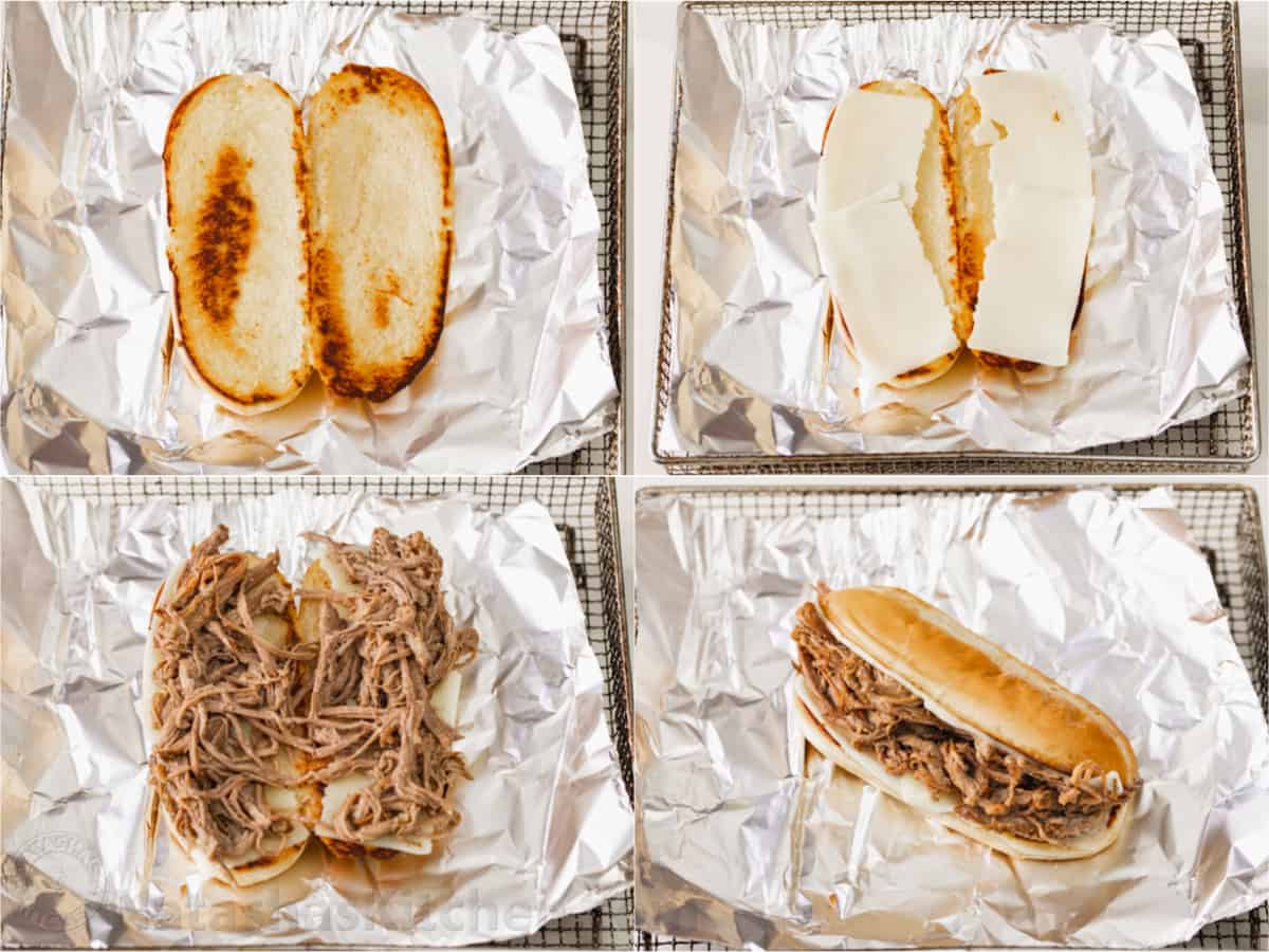 Photo collage showing how to assemble a shredded beef sandwich on a hoagie roll.