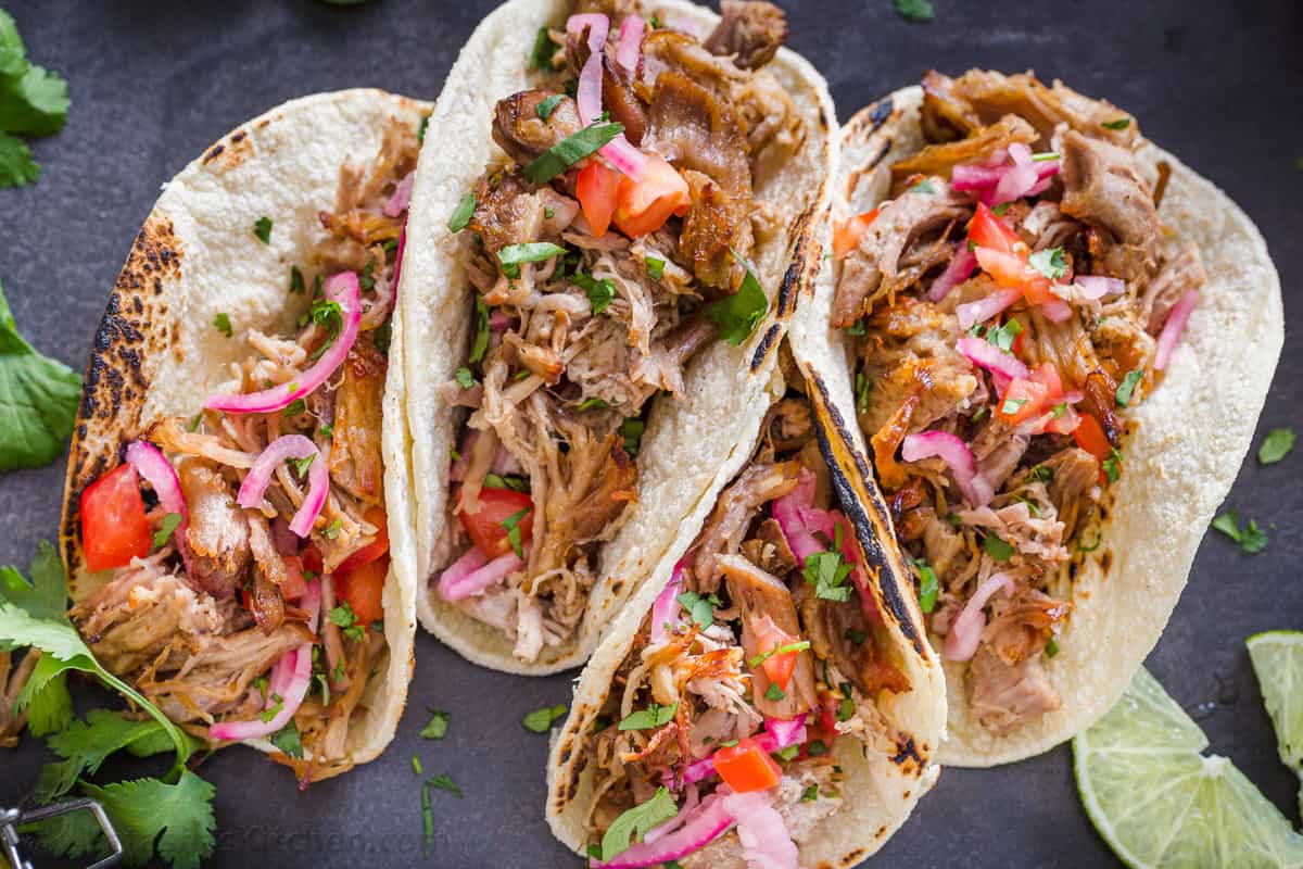 Tacos made with pork carnitas meat