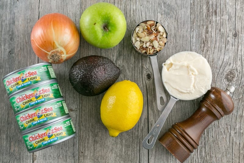 Tuna salad ingredients: remember the apples, almonds, and avocado