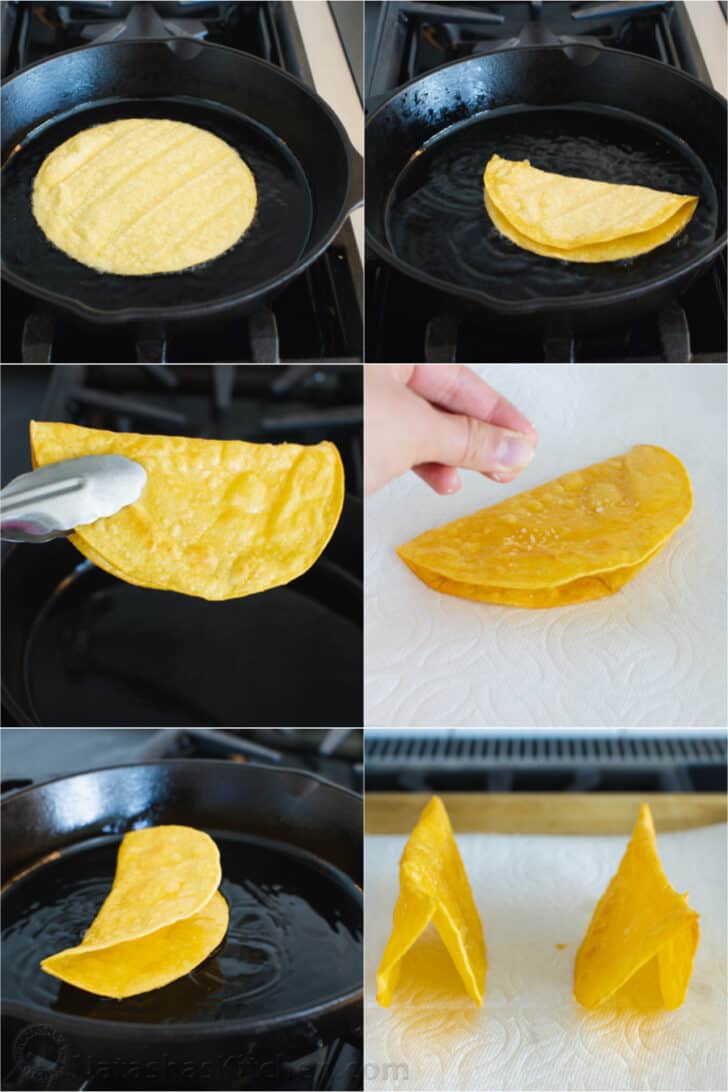 6 photos showing process of making homemade taco shells