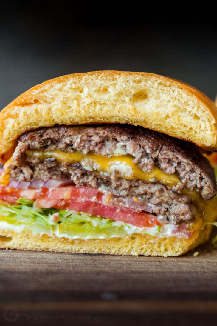 Center of a smash burger showing the layers