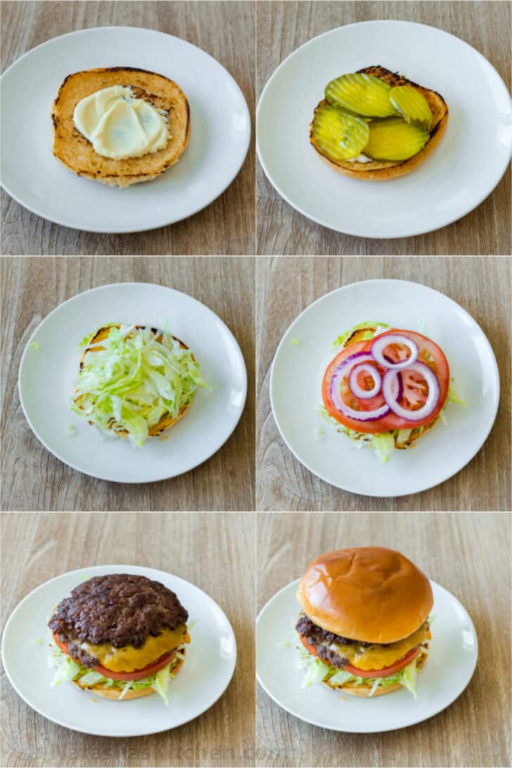 Step by step assembling a smash burger. 