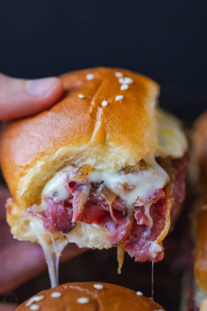 French dip slider served from baking sheet. 